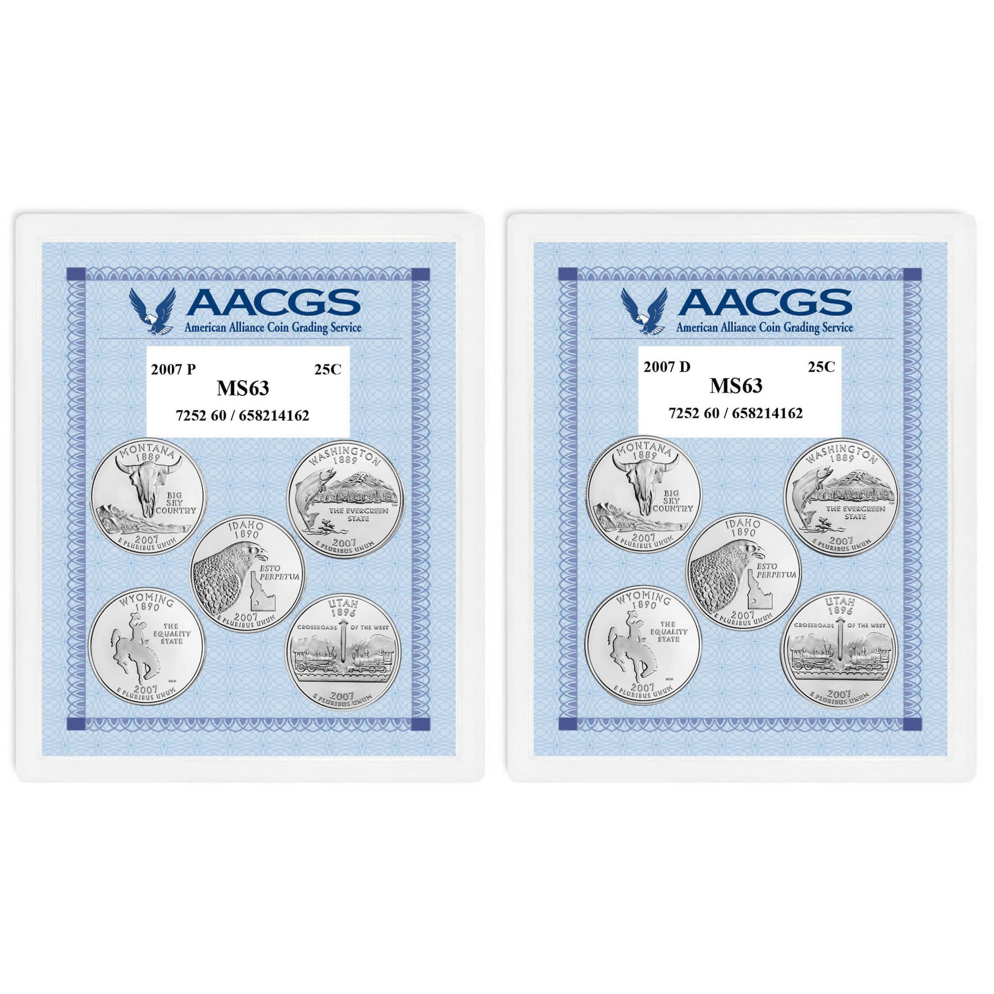 2007P & 2007D Statehood Quarters Graded MS63 Brilliant Uncirculated